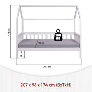 Technische Zeichnung des Kinderbett FUNKY HOUSEBED 90 x 200 weiß mit Abmessungen und Tragfähigkeit.