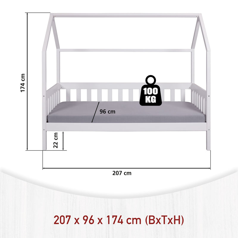 Technische Zeichnung des Kinderbett FUNKY HOUSEBED 90 x 200 weiß mit Abmessungen und Tragfähigkeit.
