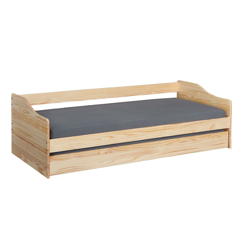 Funktionsbett LEONIE 23 Sofabett mit Schublade in Kiefer natur lackiert, Gesamtansicht von vorne mit ausziehbarer Schublade.