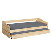 Funktionsbett LEONIE 23 Sofabett mit Schublade in Kiefer natur lackiert, Gesamtansicht mit ausgezogener Unterschublade.