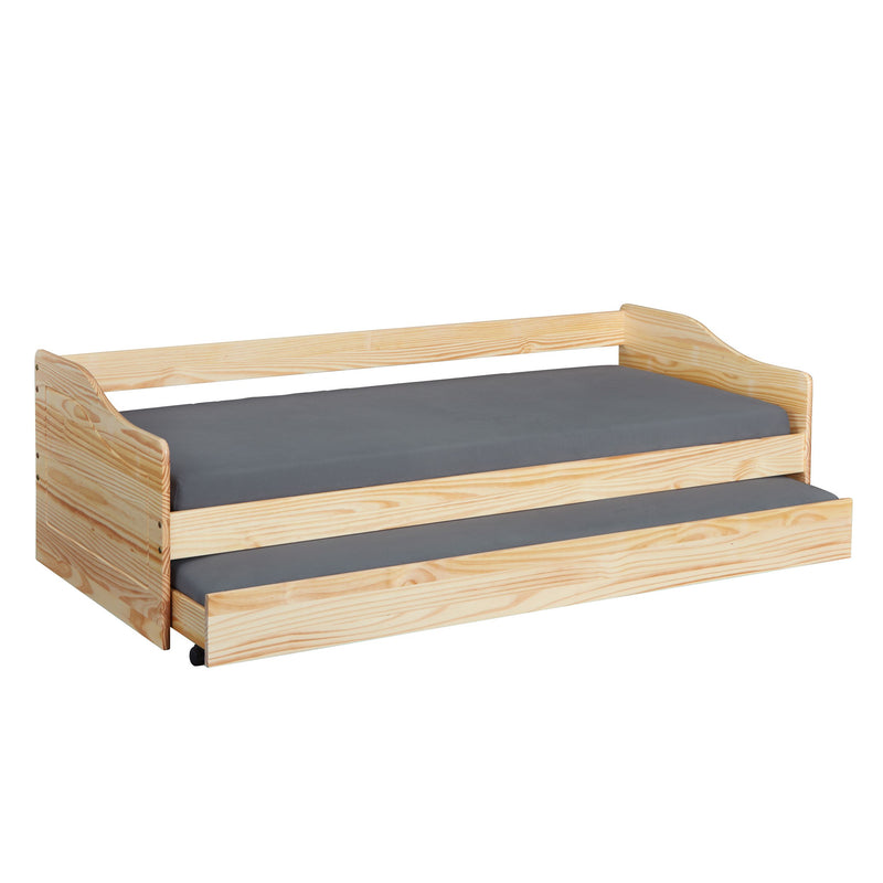 Funktionsbett LEONIE 23 Sofabett mit Schublade in Kiefer natur lackiert, Gesamtansicht mit ausgezogener Unterschublade.