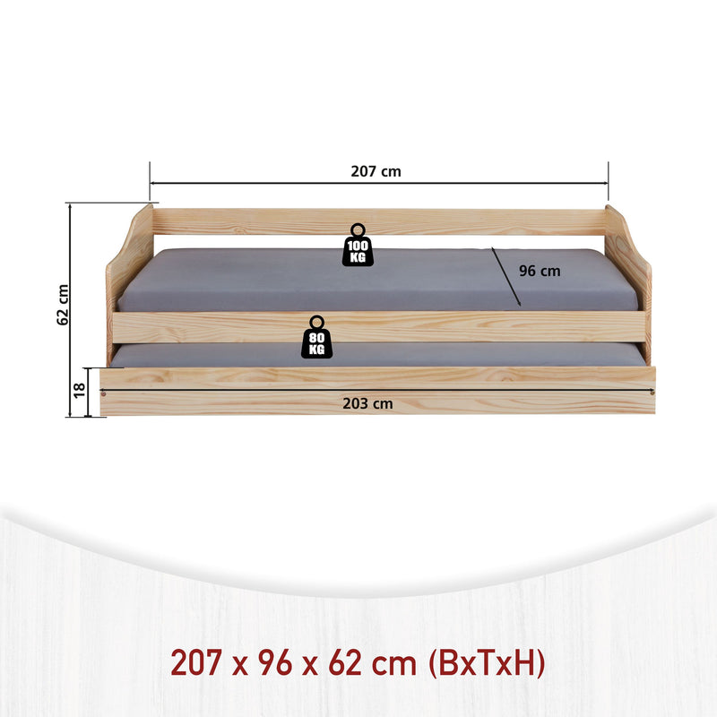 Technische Zeichnung des Funktionsbett LEONIE 23 mit Maßangaben und Belastbarkeitsangaben von vorne.