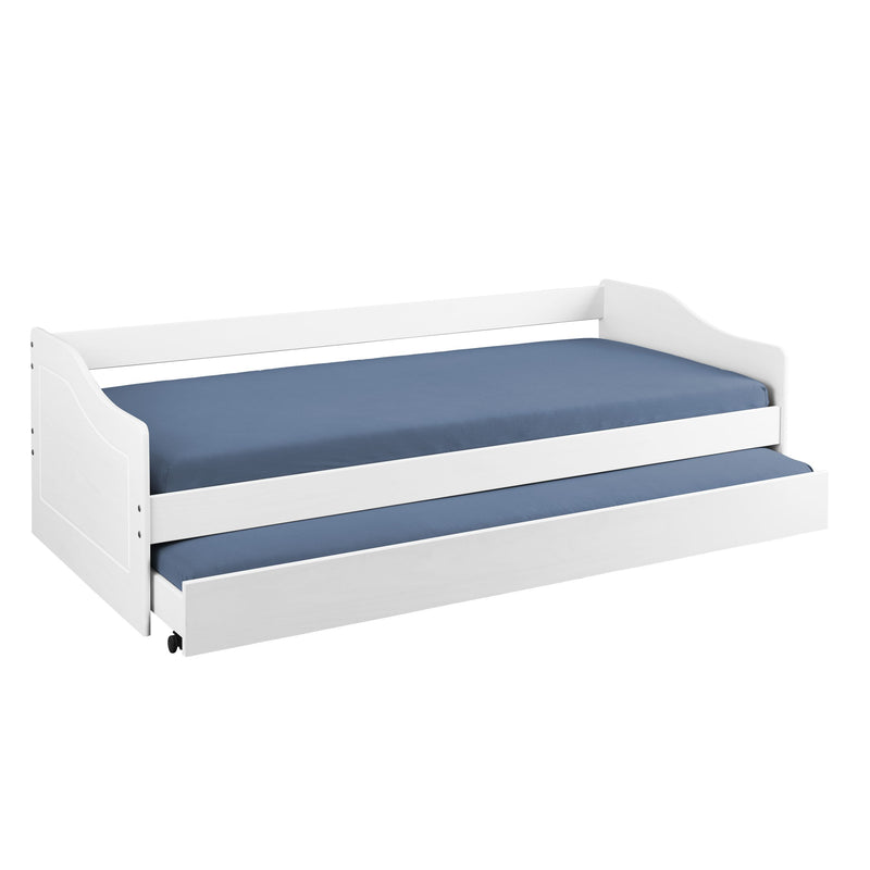 Funktionsbett LEONIE 23 mit weißem Kiefernholzrahmen, blauer Matratze und ausziehbarer Schublade in Gesamtansicht.