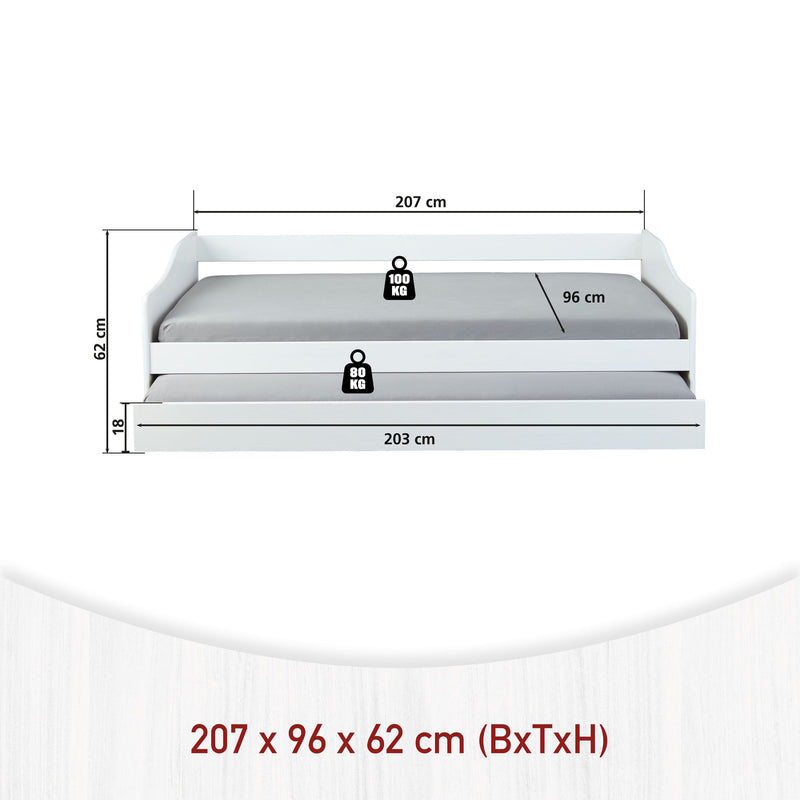 Technische Zeichnung des Funktionsbett LEONIE 23 mit Maßangaben und Tragfähigkeitsbezeichnungen in Seitenansicht.