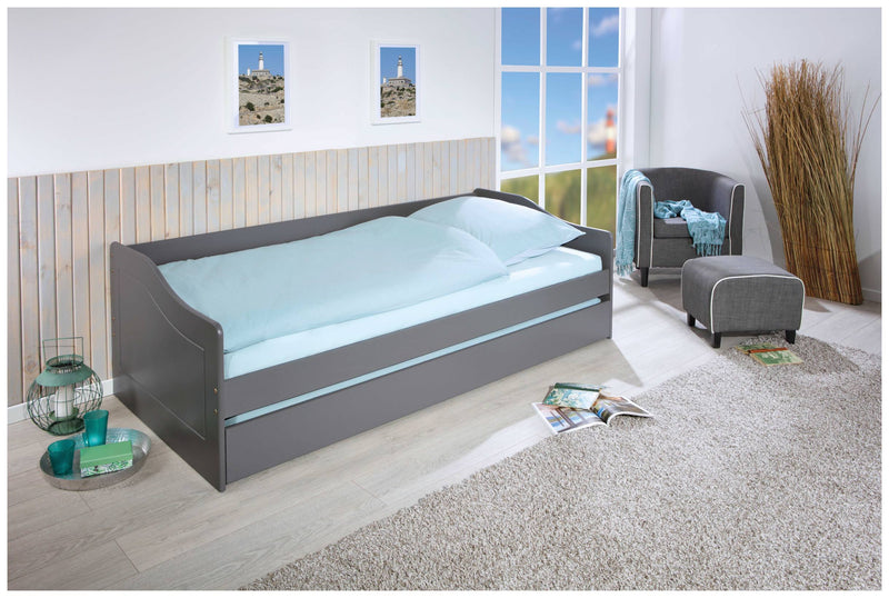 Ausziehbett LEONIE 23 Kiefer Grau lackiert Sofabett mit Schublade