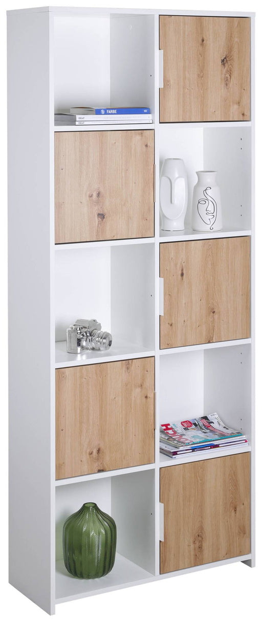 Bücherregal PEPETO 5TW in Weiß und Artisan Eiche mit fünf Türen in Gesamtansicht von vorn.