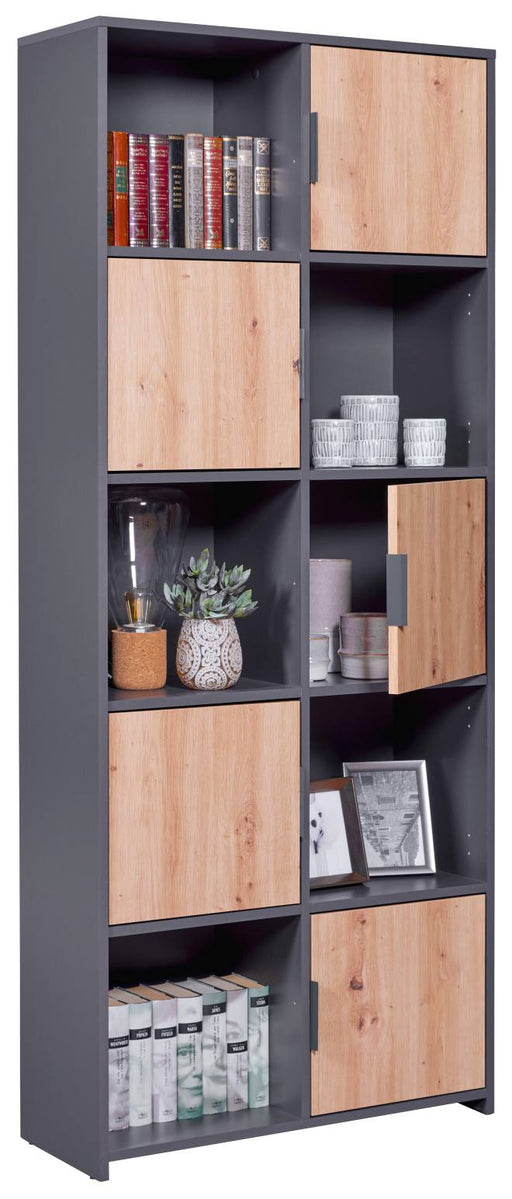 Bücherregal PEPETO 5T Regal mit 5 Türen Optik in Grau und Artisan Eiche, Gesamtansicht mit offenen und geschlossenen Fächern.
