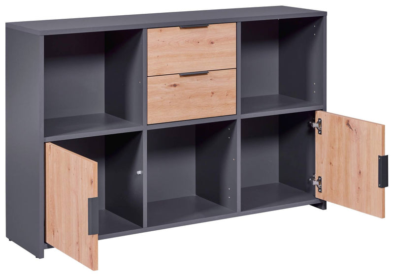 Regal Kommode PEPETO 2 Türen 2 Schubladen Optik Grau / Artisan Eiche