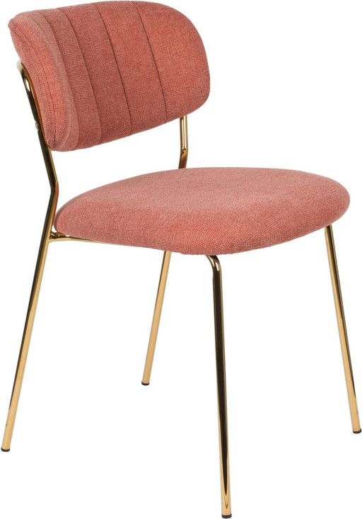 Stuhl Esszimmerstuhl Polsterstuhl JOLIEN GOLD in Rosa mit geripptem Rückenteil und goldfarbenem Metallgestell, Gesamtansicht.