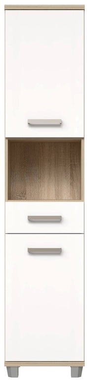 Badezimmer-Hochschrank VERIS 2 Türen Sonoma Eiche / Weiß glänzend
