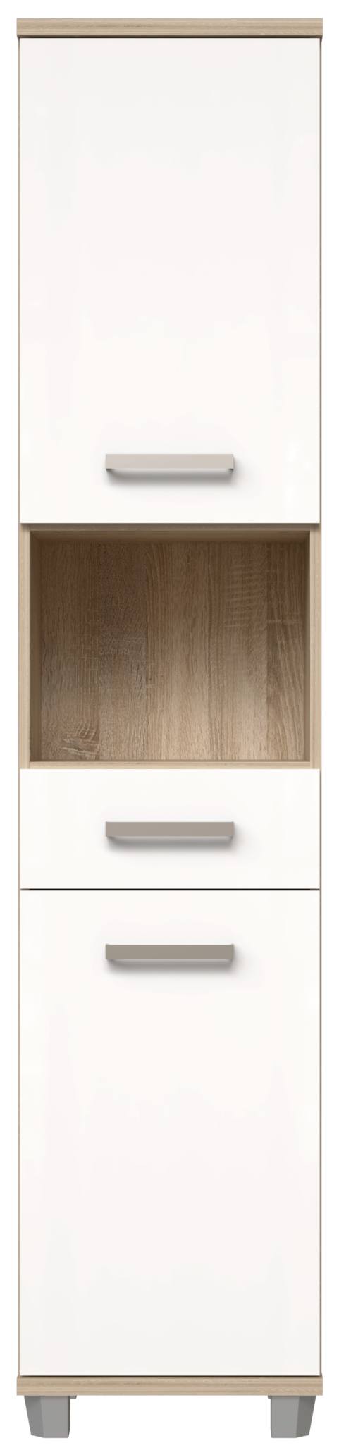 Badezimmer-Hochschrank VERIS 2 Türen Sonoma Eiche / Weiß glänzend