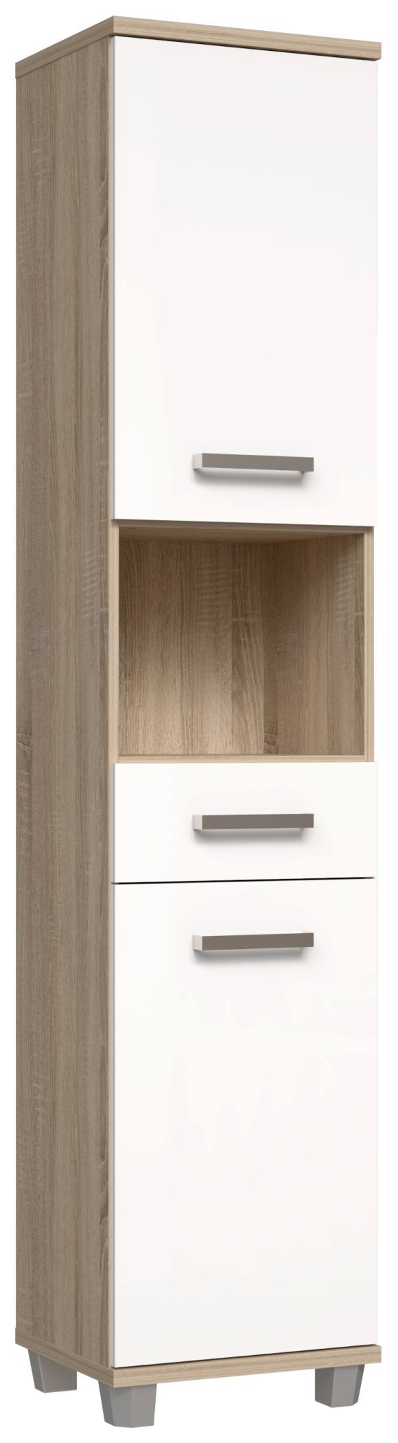 Badezimmer-Hochschrank VERIS 2 Türen Sonoma Eiche / Weiß glänzend