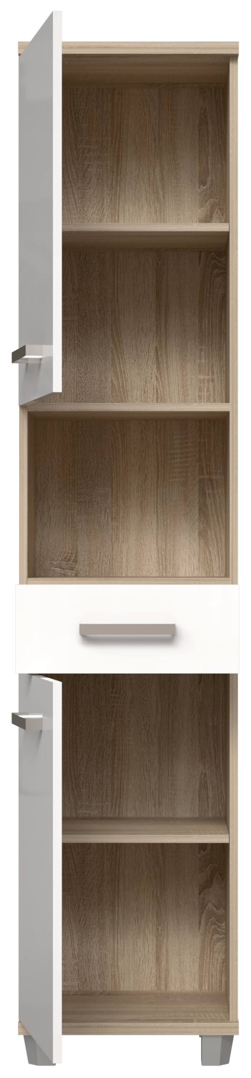 Badezimmer-Hochschrank VERIS 2 Türen Sonoma Eiche / Weiß glänzend