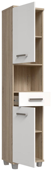 Badezimmer-Hochschrank VERIS 2 Türen Sonoma Eiche / Weiß glänzend