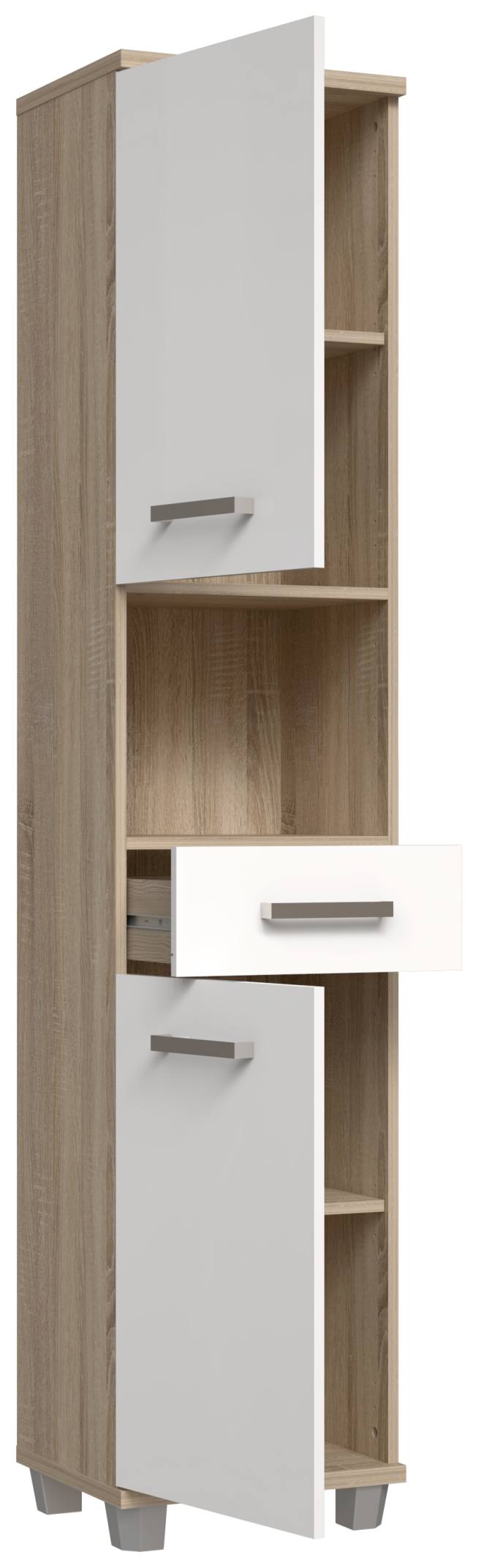 Badezimmer-Hochschrank VERIS 2 Türen Sonoma Eiche / Weiß glänzend