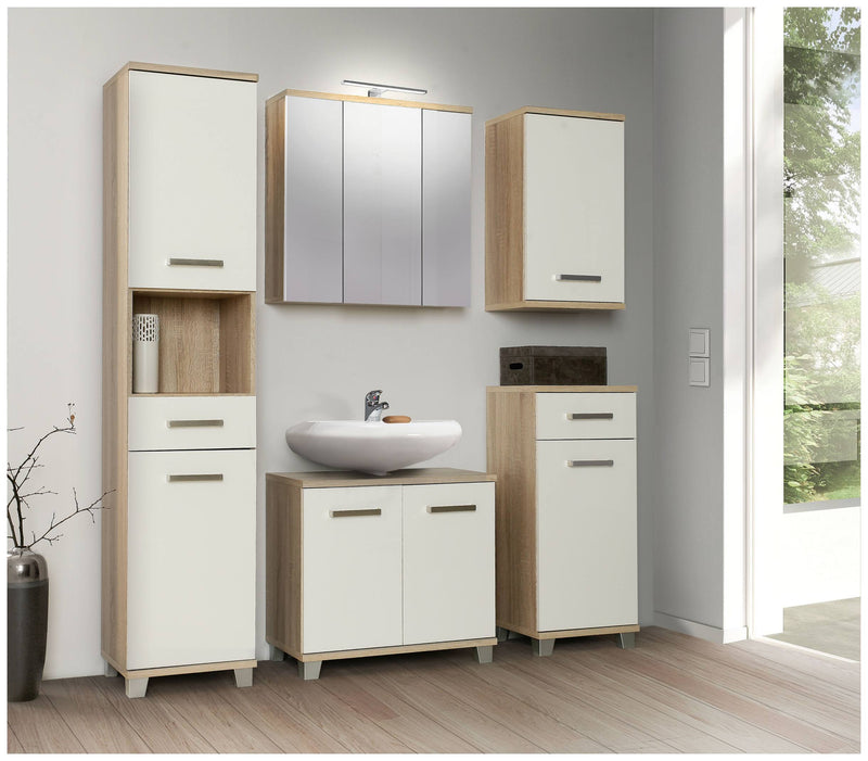 Badezimmer-Hochschrank VERIS 2 Türen Sonoma Eiche / Weiß glänzend