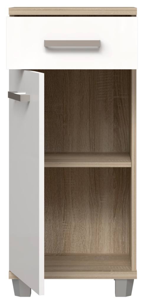 Badezimmer Kommode VERIS 1 Tür Sonoma Eiche / Weiß glänzend