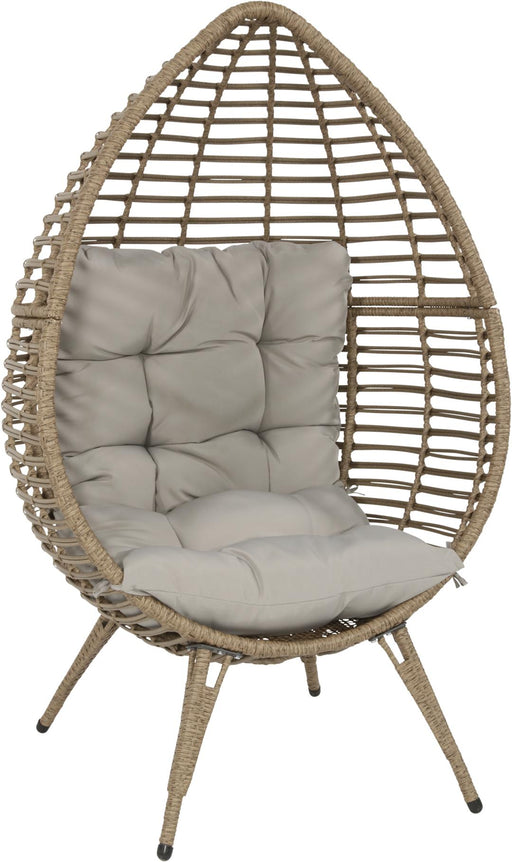 Lesli Living Gartensessel CHILL mit eiförmigem Polyrattan-Gestell in Braun meliert und grauem Sitzkissen, Gesamtansicht.