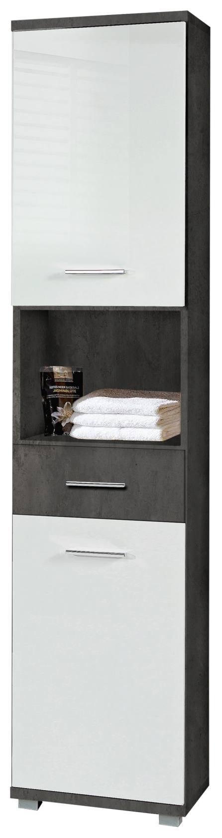 Badezimmer-Hochschrank CHAMP 2 Türen Beton Dunkelgrau / Weiß glänzend