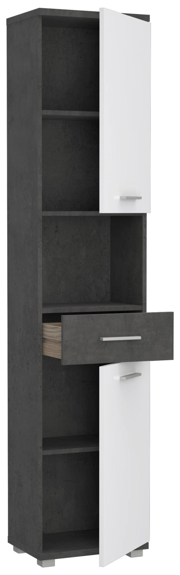 Badezimmer-Hochschrank CHAMP 2 Türen Beton Dunkelgrau / Weiß glänzend