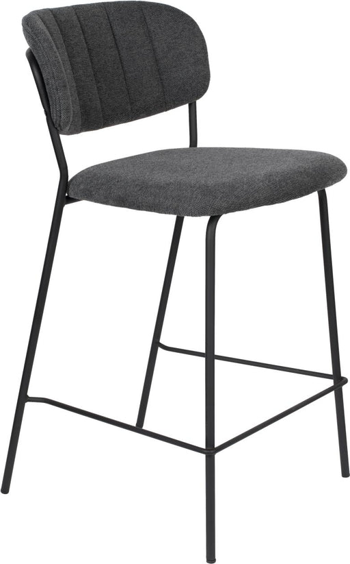 Hocker Tresenhocker JOLIEN BLACK mit grauem Polsterbezug und schwarzem Metallgestell in Gesamtansicht.