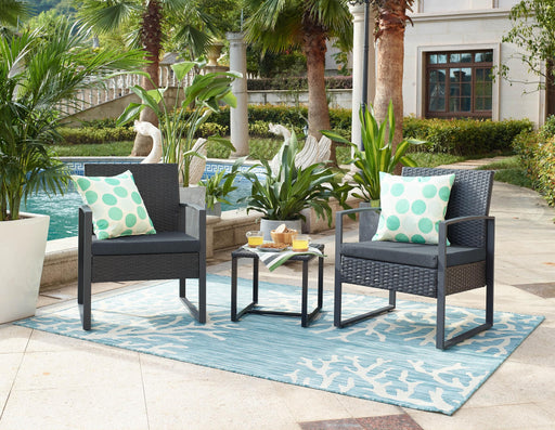Garten Sitzgruppe 5-teilig Polyrattan anthrazit mit zwei Sesseln und Beistelltisch, Gesamtansicht.