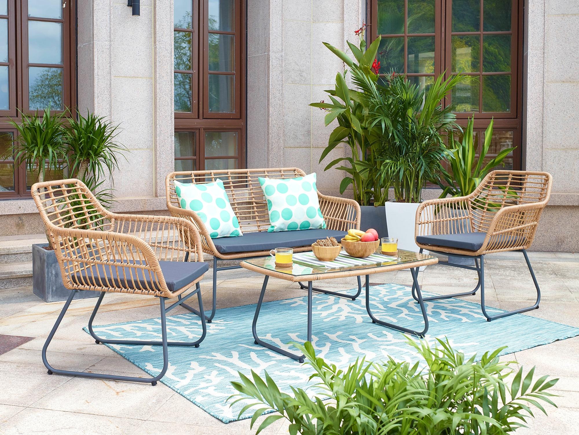 Polyrattan Sitzgruppe Für 4 Personen – Gartenmöbel Set Mit Tisch (Glasplatte), 4 Stühlen & Kissen – Klappbar, Wetterfest