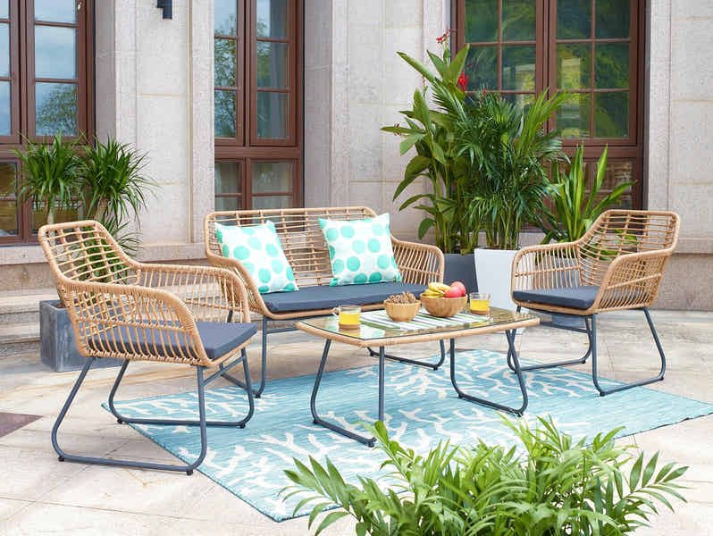 Polyrattan Sitzgruppe Für 4 Personen – Gartenmöbel Set Mit Tisch (Glasplatte), 4 Stühlen & Kissen – Klappbar, Wetterfest