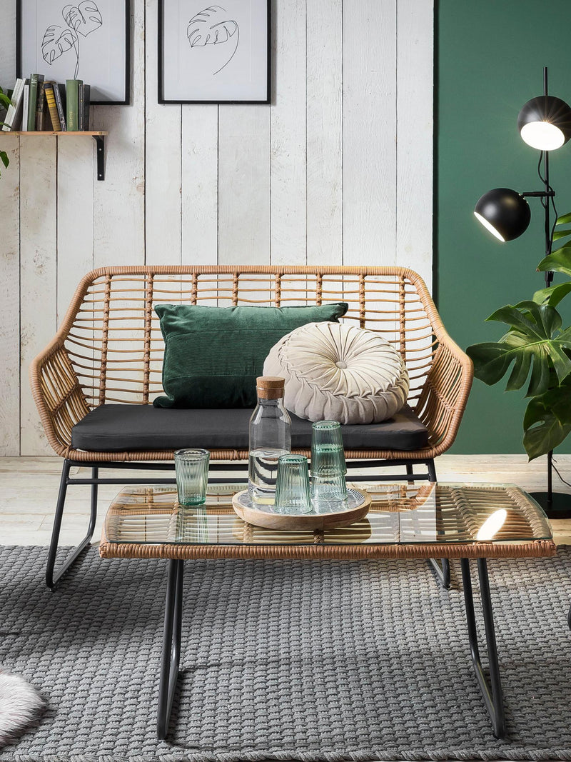 Garten Sitzgruppe 7-teilig Polyrattan Farbe natur mit Tisch und Kissen