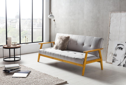 SalesFever Schlafsofa Klappsofa 190 cm mit Holzrahmen in Natur und grauem Polster, Gesamtansicht in modernem Wohnzimmer.