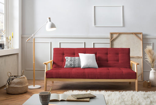 SalesFever Schlafsofa Klappsofa 190 cm in Rot mit Holzarmlehnen, Gesamtansicht im Wohnzimmer.