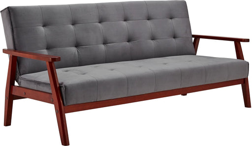 SalesFever Schlafsofa Klappsofa mit grauem Samtbezug und dunkelrotem Holzrahmen, Gesamtansicht von vorne.