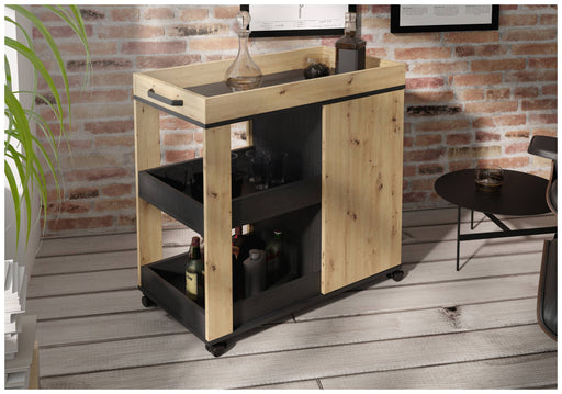 Servierwagen HOME BAR 204 in Artisan Eiche mit schwarzen Fächern und abnehmbarem Tablett, Gesamtansicht.