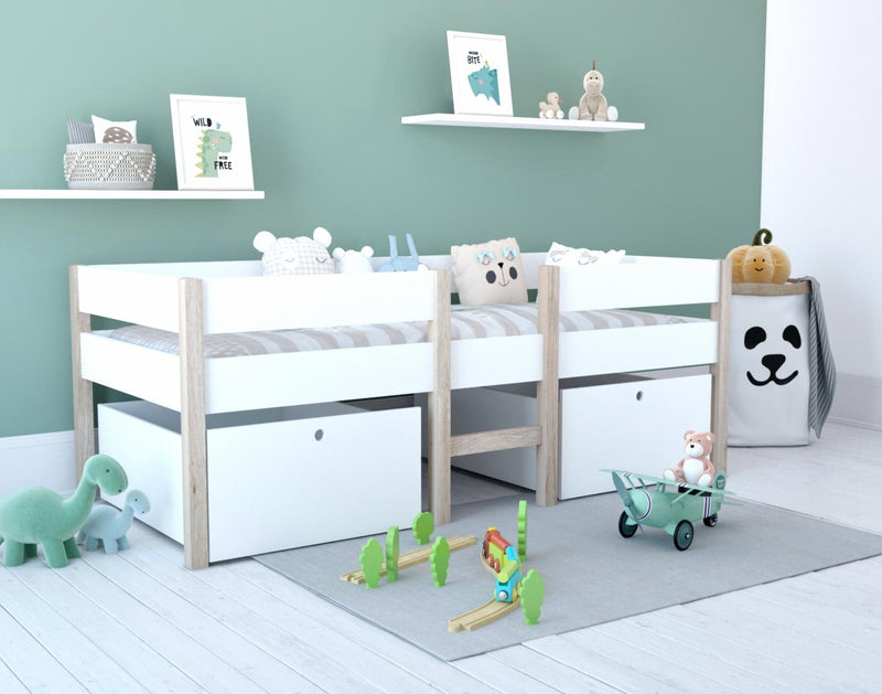 Hochbett für Kinder mit 2 Schubladen und Leiter weiß 90 x 200 cm