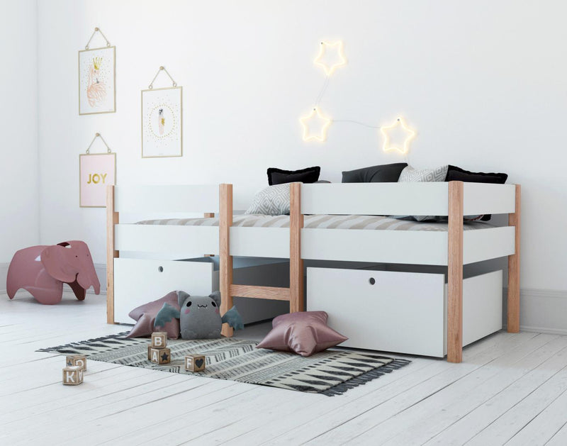 Hochbett für Kinder mit 2 Schubladen und Leiter weiß 90 x 200 cm