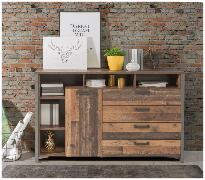Kommode Sideboard CLIF 1 Tür 4 Schubladen Old Wood Optik von Forte