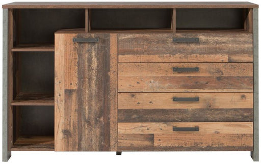 Kommode Sideboard CLIF von vorne mit einer Tür, vier Schubladen und offenen Fächern in Old Wood und dunkelgrauer Betonoptik.