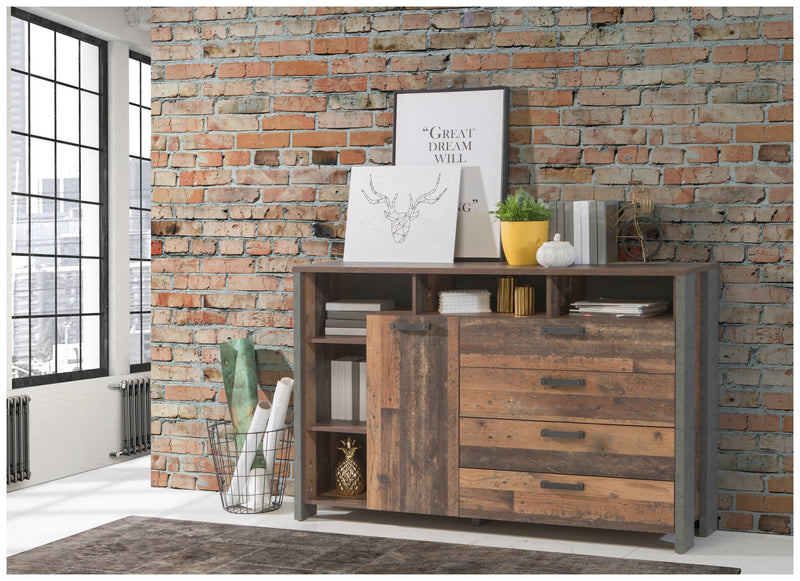 Kommode Sideboard CLIF 1 Tür 4 Schubladen Old Wood Optik von Forte