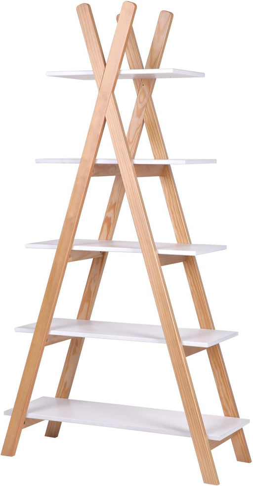 Standregal in Zeltform mit gekreuzten Holzbeinen und fünf weißen Böden, Gesamtansicht.