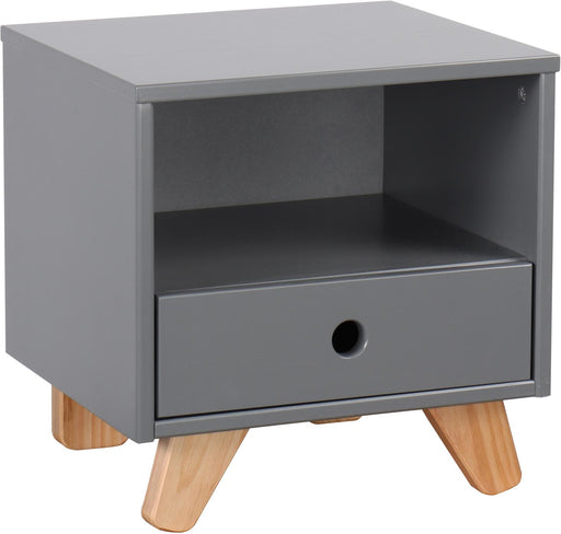 Nachtkästchen Nachttisch Nachtkommode im skandinavischen Design in Grau mit einer Schublade und Holzbeinen, Gesamtansicht.