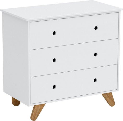 Kommode Schubladenkommode Sideboard Weiß mit drei Schubladen und holzfarbenen Beinen, Gesamtansicht.