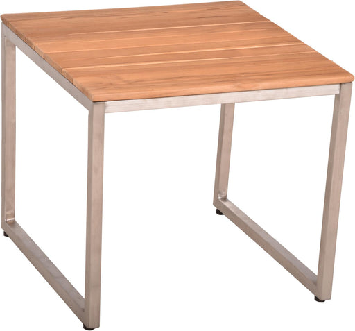 Beistelltisch Gartentisch Denver mit Teakholzplatte und Edelstahlgestell in Gesamtansicht.