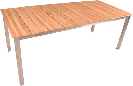 Gartentisch Denver aus Teak Edelstahl in Gesamtansicht mit Teakholzplatte und Edelstahlgestell.