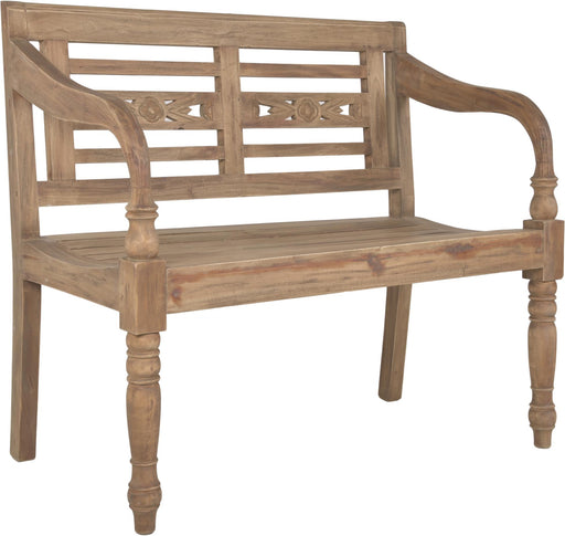 Gartenbank MOYO 2-Sitzer aus Mahagoni-Holz mit geschwungenen Armlehnen und ornamentalem Rückenlehnen-Design in Gesamtansicht.