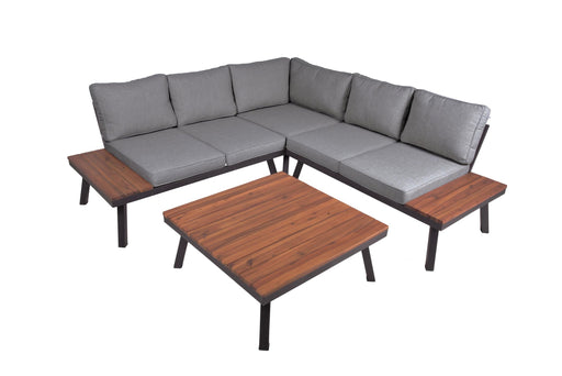 Modernes Gartensofa THERESA in Gesamtansicht mit grauem Ecksofa, Holzablagen und Couchtisch.