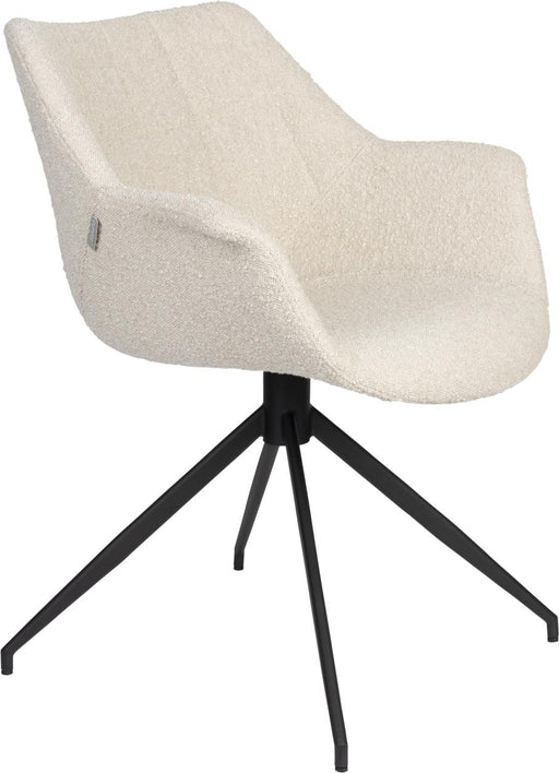 Drehbarer Esszimmerstuhl DOULTON mit Bouclé-Bezug in Beige und schwarzem Metallgestell, Gesamtansicht.