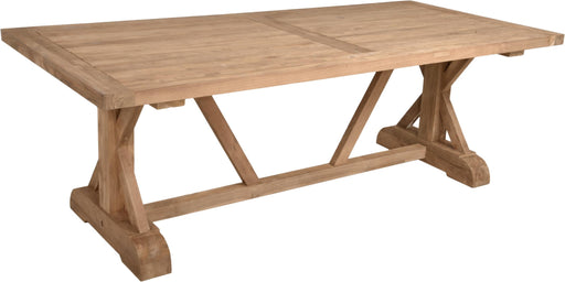 Gartentisch KISAR aus recyceltem Teak in Gesamtansicht mit massiver Holzplatte und X-förmigen Beinen.
