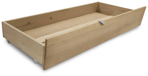 Schubladenset für Balkenbett UNIKA in Fichte, Gesamtansicht mit ausgezogener Schublade und Metallrollen.