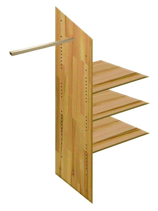 Inneneinteilung 98 cm Wildeiche für Schrank mit 2 Türen mit drei Holzböden und Befestigungssystem in Schrägansicht.
