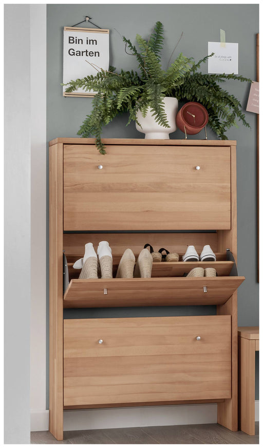 Schuhschrank Schuhkipper KIRSA mit 3 Klappen, Kernbuche massiv geölt, Gesamtansicht mit geöffneten Klappen.